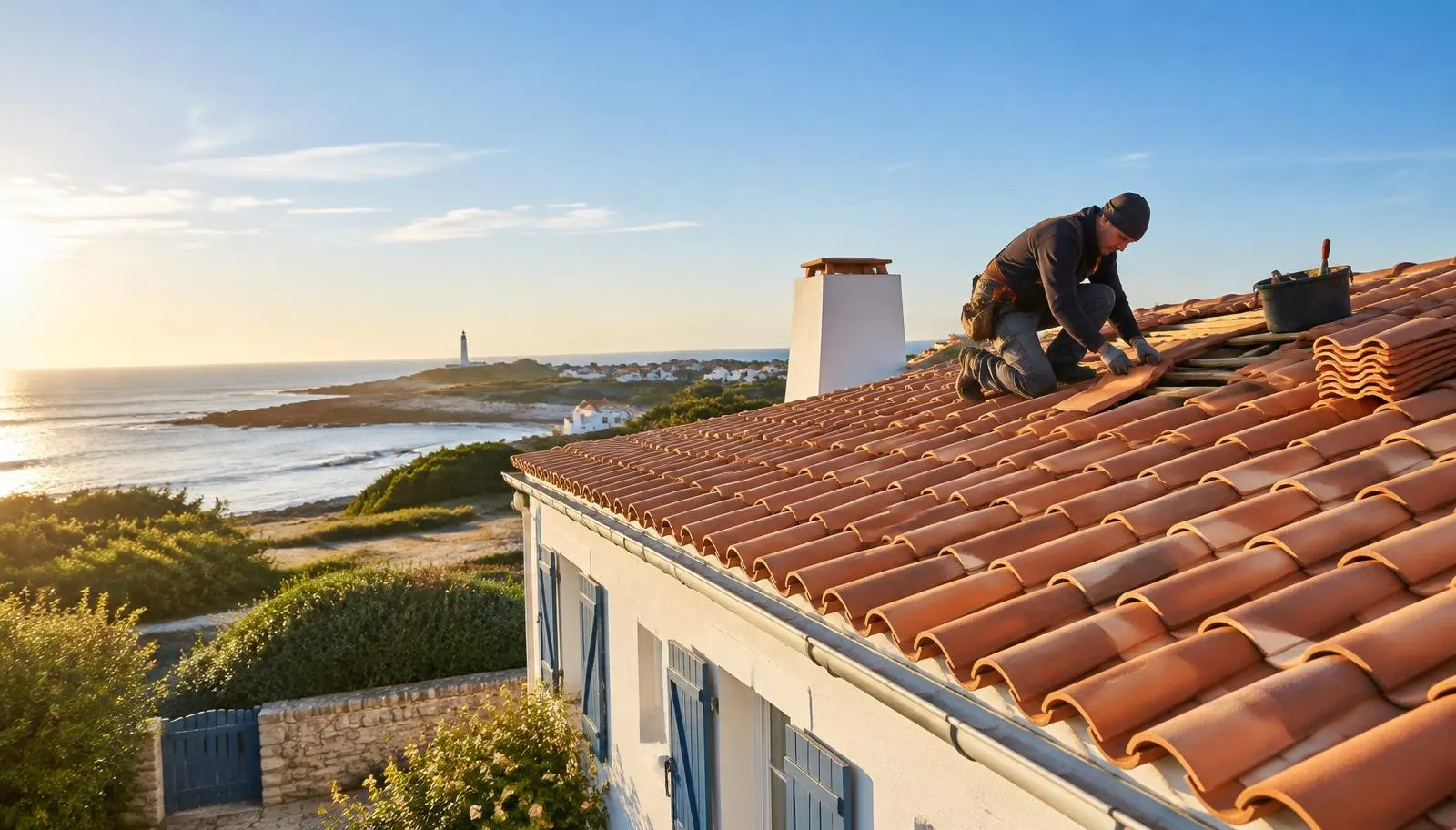 Couvreur posant des tuiles sur un toit en Vendée